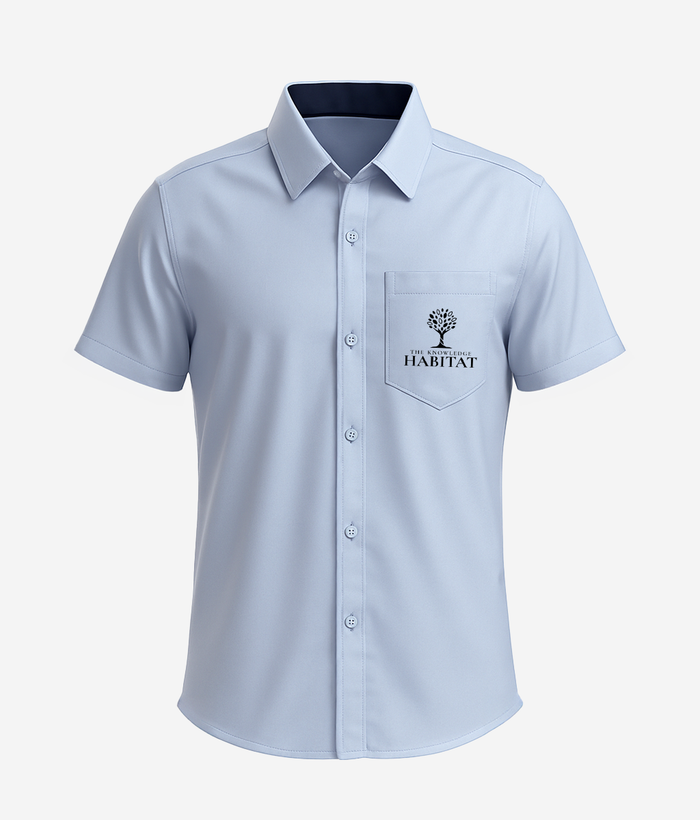 The Knowledge Habitat School half sleeve uniform shirt in sky blue with embroidered school crest, front view — KOTU