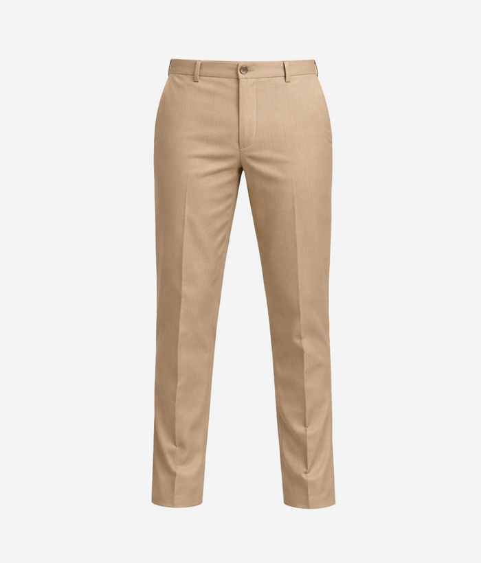The Knowledge Habitat School boys uniform trousers in beige, flat front regular fit, front view — KOTU
