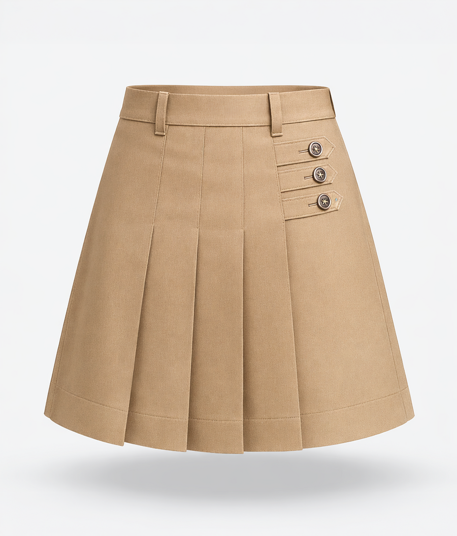 The Knowledge Habitat School girls pleated uniform skirt in beige with side button detail, front view — KOTU