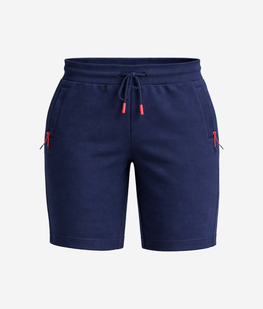 The Knowledge Habitat School navy blue sports shorts with red zip pockets and drawstring waist, front view — KOTU