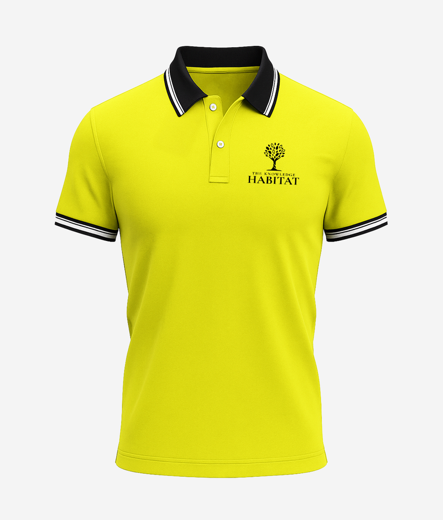 The Knowledge Habitat School yellow house polo t-shirt with navy tipped collar and embroidered school crest, front view — KOTU