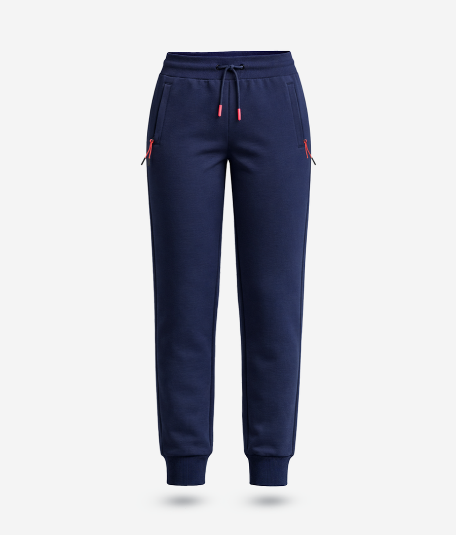 The Knowledge Habitat School navy blue sports track pants with red zip pockets and elasticated cuffs, front view — KOTU