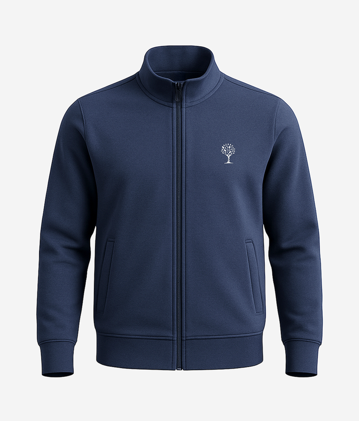The Knowledge Habitat School navy blue full zip track jacket with high collar and embroidered school crest, front view — KOTU